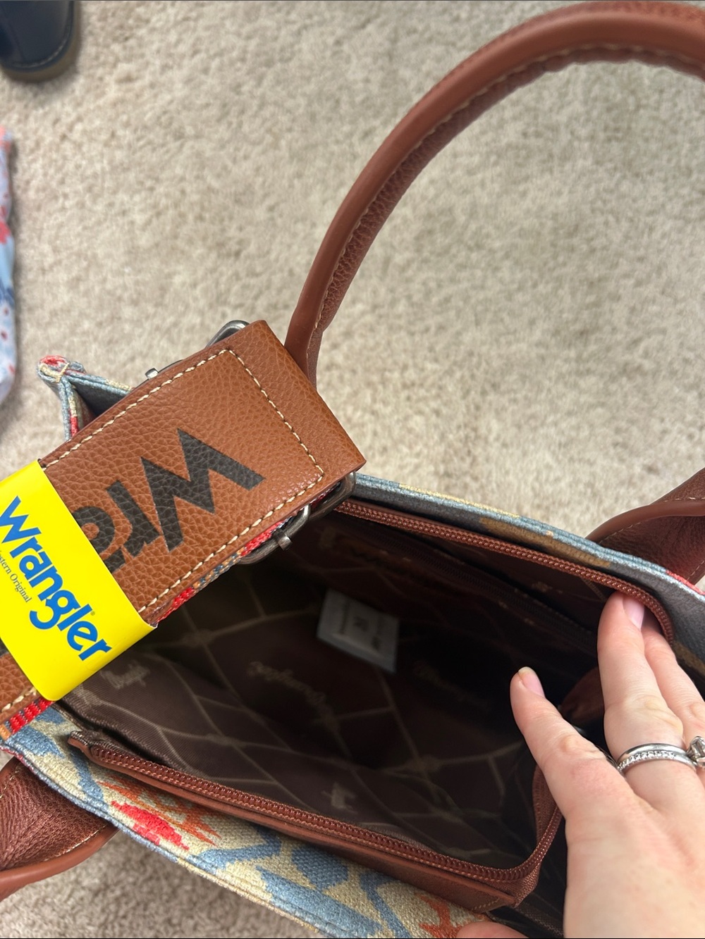 Wrangler Light Blue Aztec Tote with Brown Leather Trim and Patterned Strap - Picture 5 of 5
